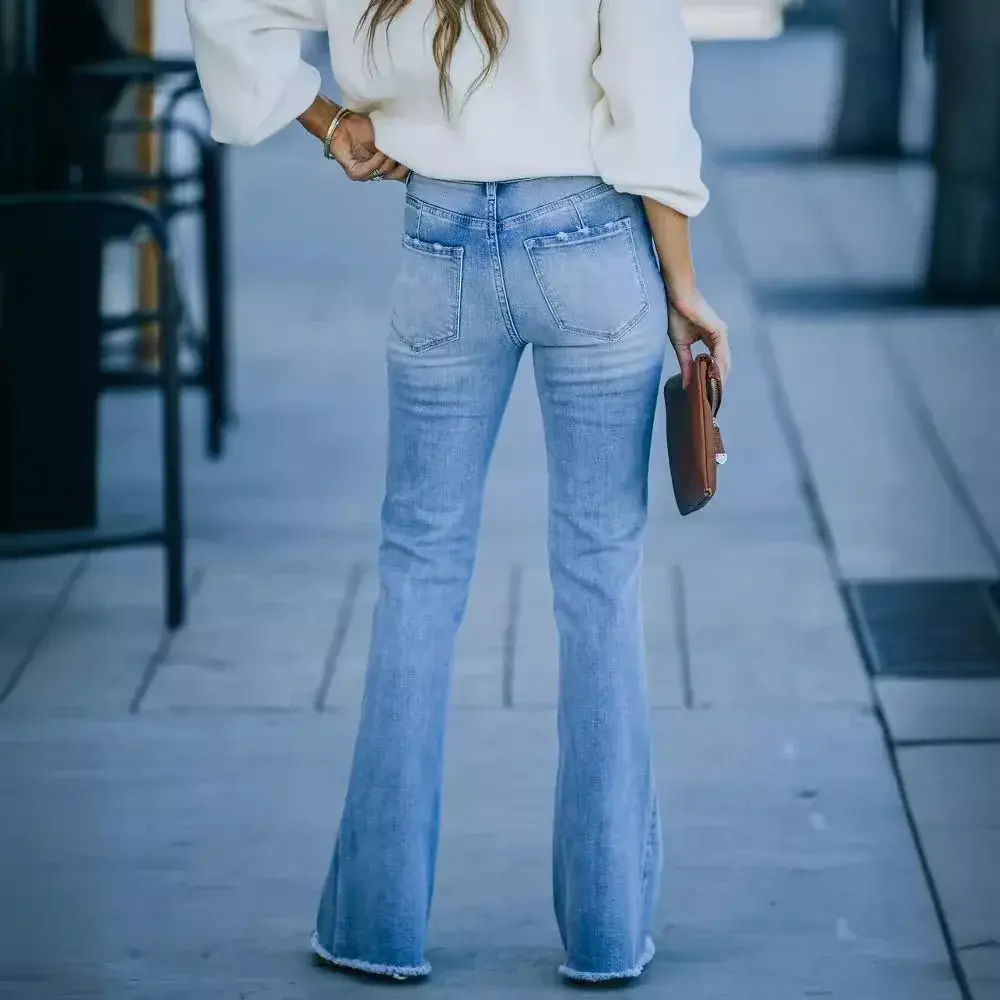 Flare Pants Women Bleached Vintage Jeans Denim Full Length Pants Mom Jeans Washed Loose Zipper Pockets Basics Y2k Streetwear