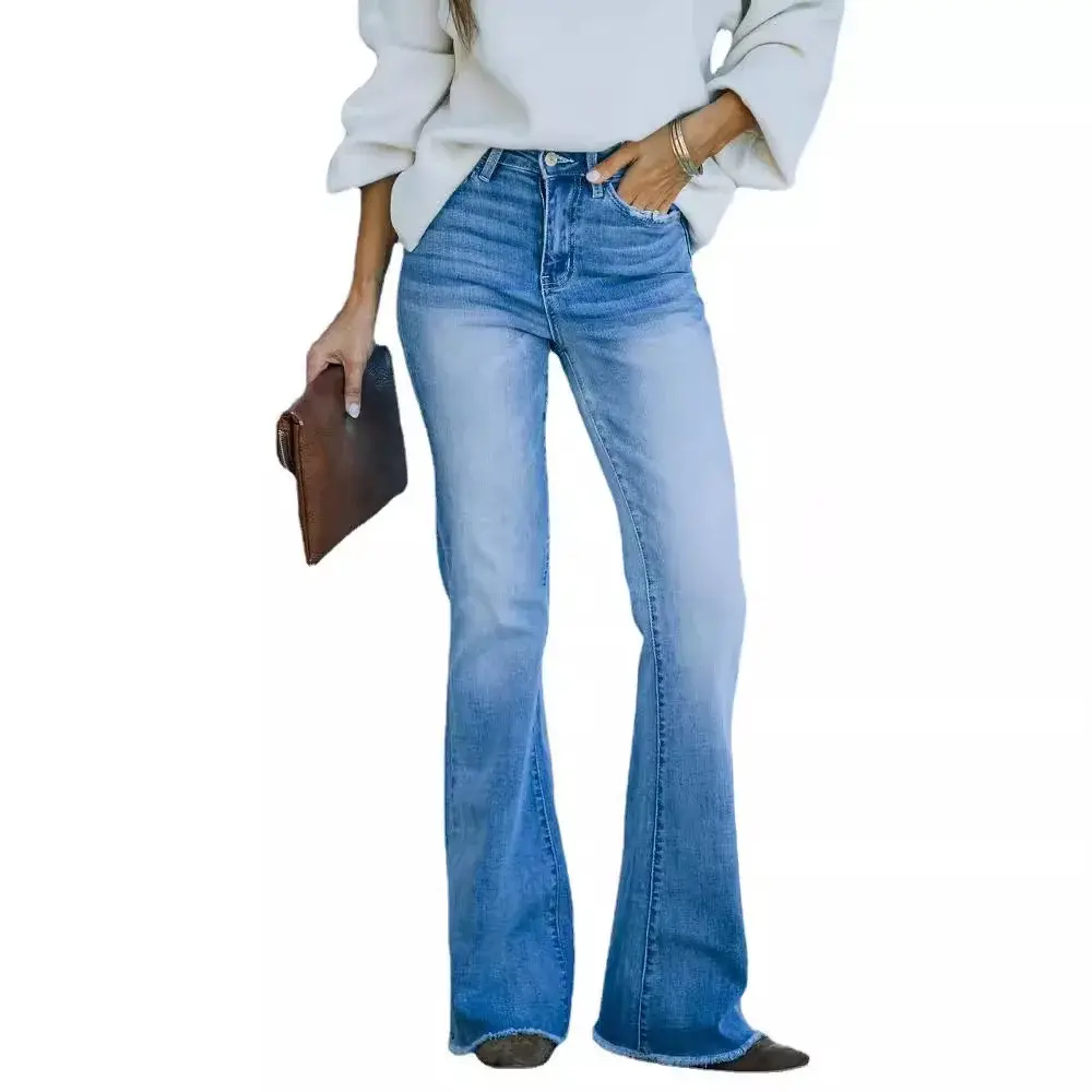 Flare Pants Women Bleached Vintage Jeans Denim Full Length Pants Mom Jeans Washed Loose Zipper Pockets Basics Y2k Streetwear