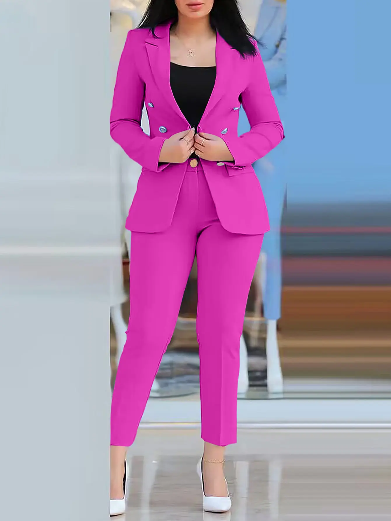 Women Pant Sets Two Pieces Turn Down Collar Double Breasted Outerwear Pockets Solid Pencil Pants Ankle Length Office Lady