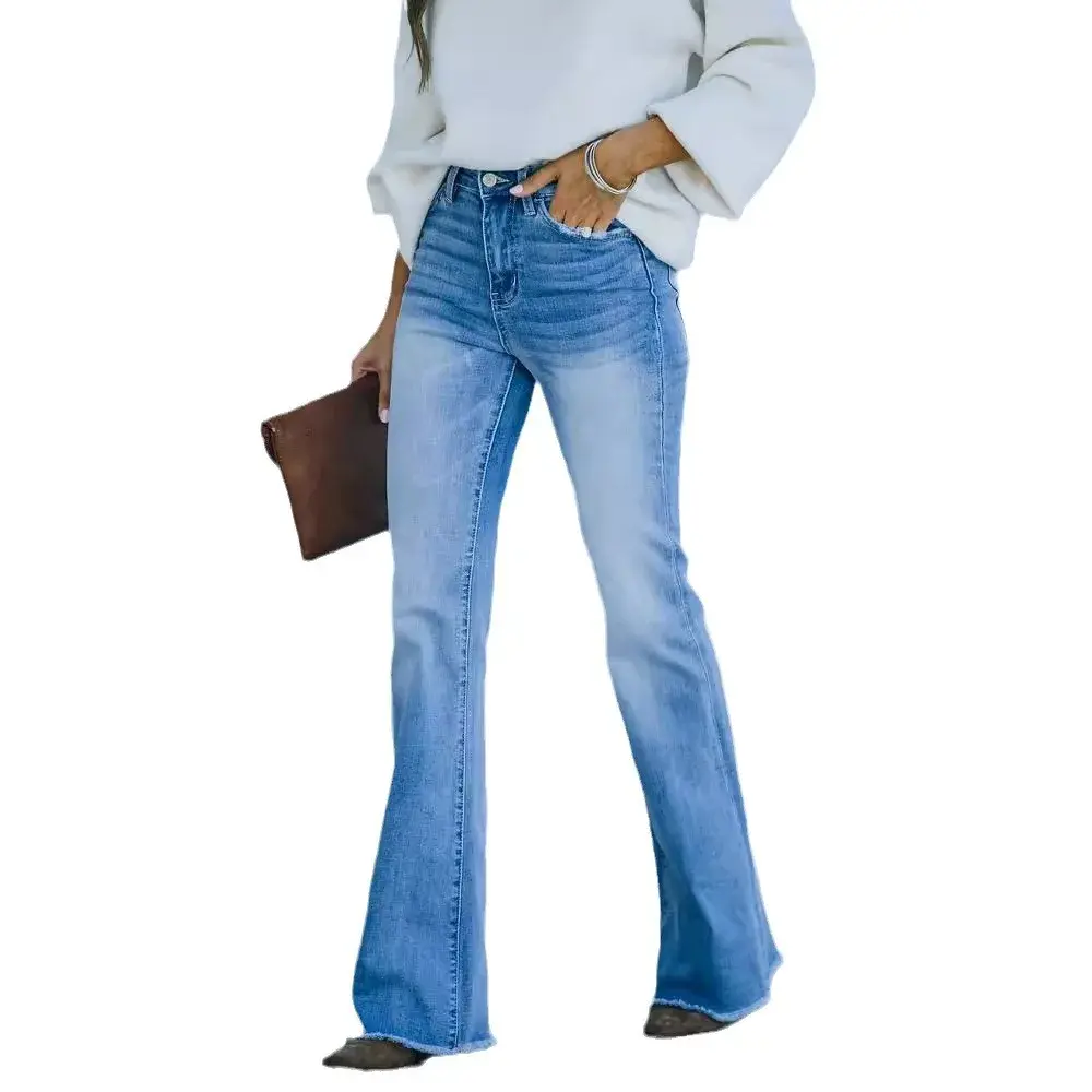 Flare Pants Women Bleached Vintage Jeans Denim Full Length Pants Mom Jeans Washed Loose Zipper Pockets Basics Y2k Streetwear