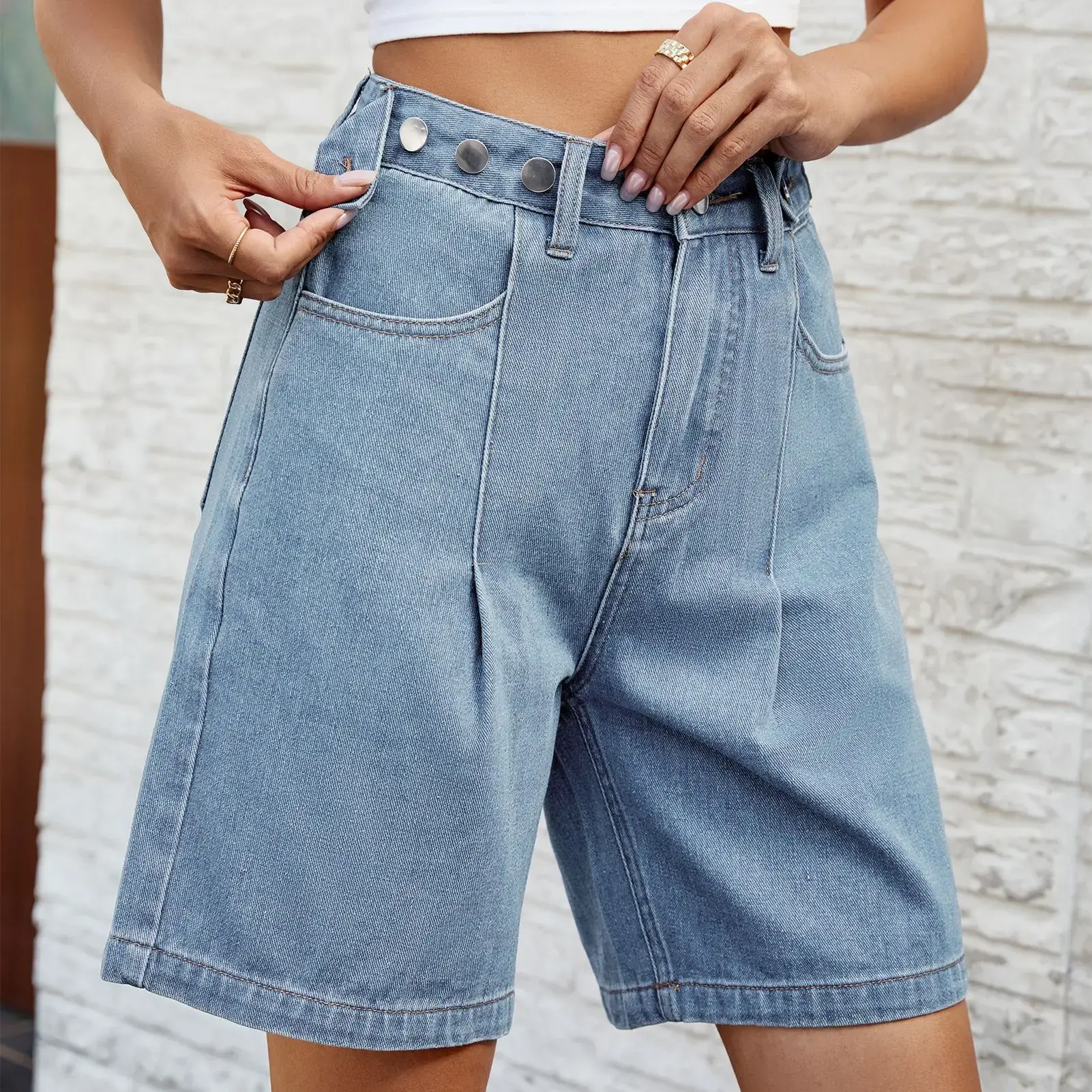 Mom Jeans Women Vintage Straight Knee Length Pants Streetwear Mid Waist Pockets Button Washed Distressed Y2k 2025 Casual Denim