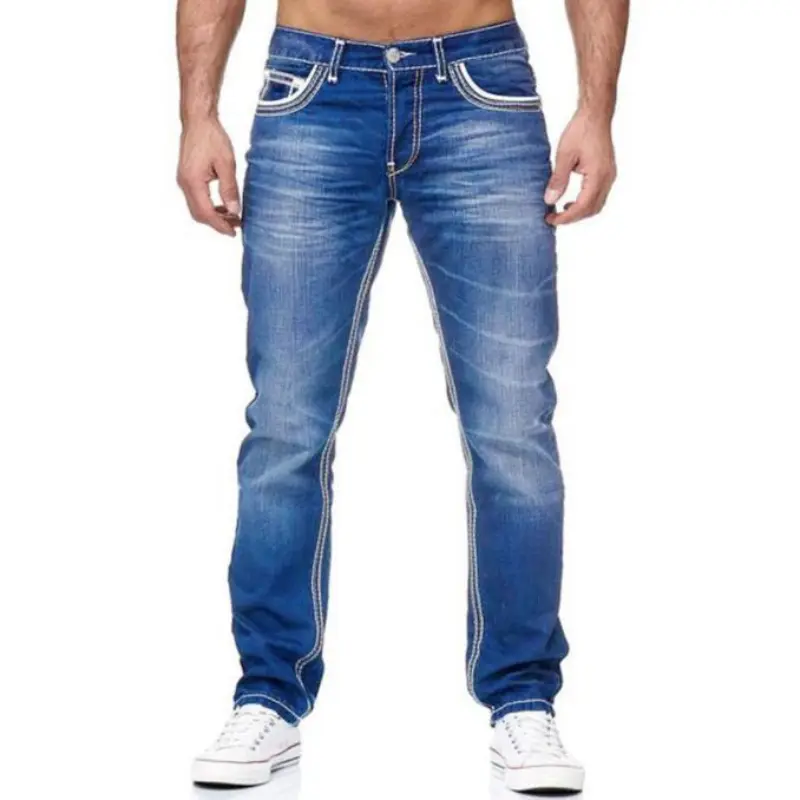 Denim Pant Men Jeans Long Pants Slim Fit High Waist Straight Trousers Streetwear Splice Button Pocket Blue Casual 2025 Punk