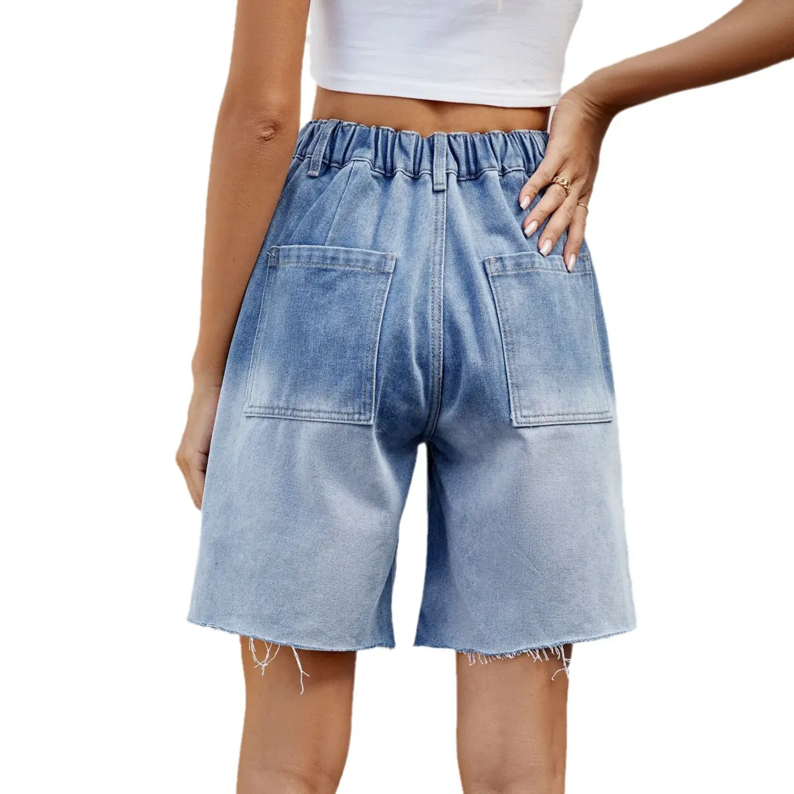 Jeans Women Knee Length Cargo Pants Washed Distressed Gradient Mom Jeans Elastic Waist Female 2025 Streetwear Straight Denims