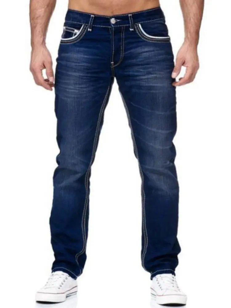 Denim Pant Men Jeans Long Pants Slim Fit High Waist Straight Trousers Streetwear Splice Button Pocket Blue Casual 2025 Punk