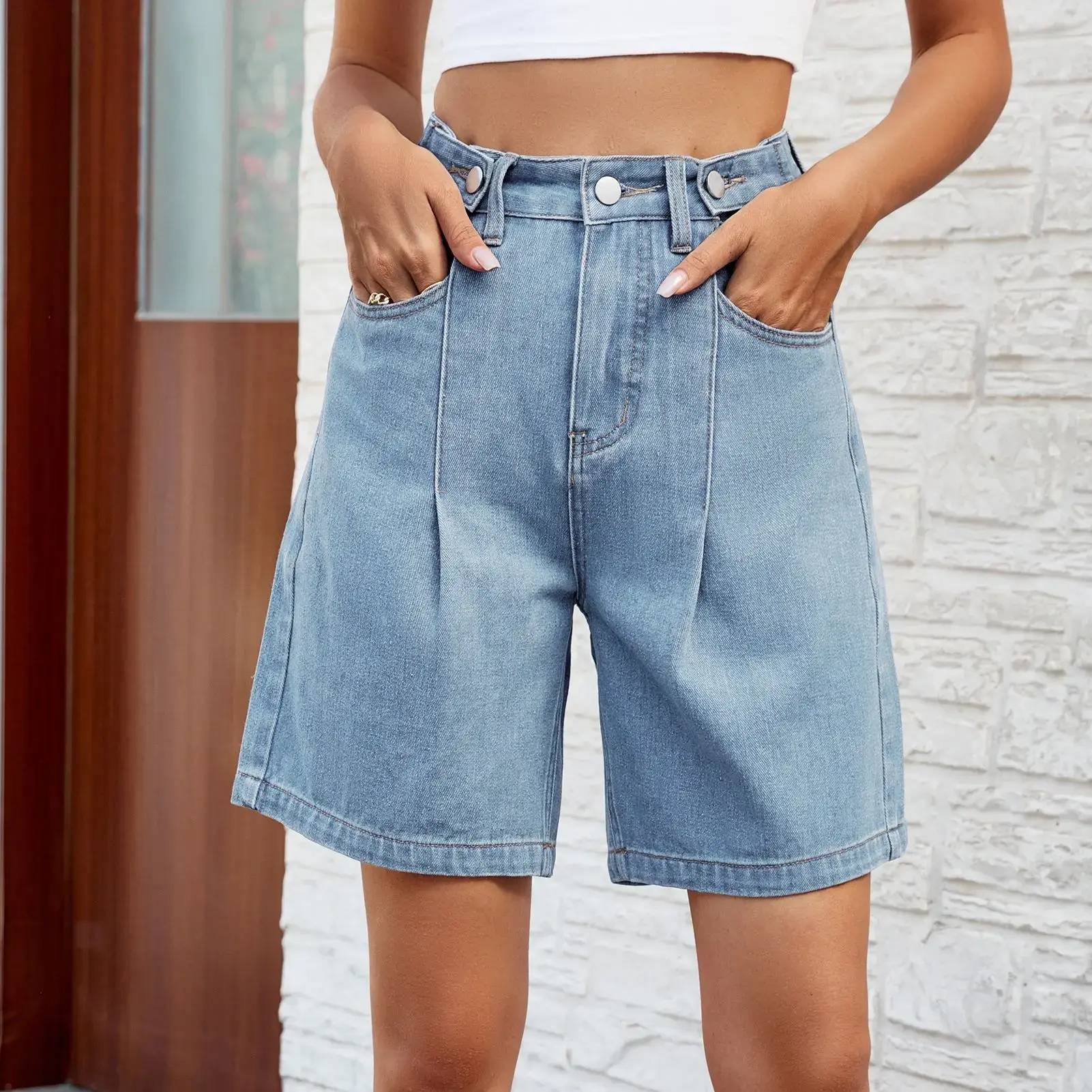 Mom Jeans Women Vintage Straight Knee Length Pants Streetwear Mid Waist Pockets Button Washed Distressed Y2k 2025 Casual Denim