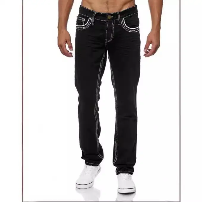 Denim Pant Men Jeans Long Pants Slim Fit High Waist Straight Trousers Streetwear Splice Button Pocket Blue Casual 2025 Punk