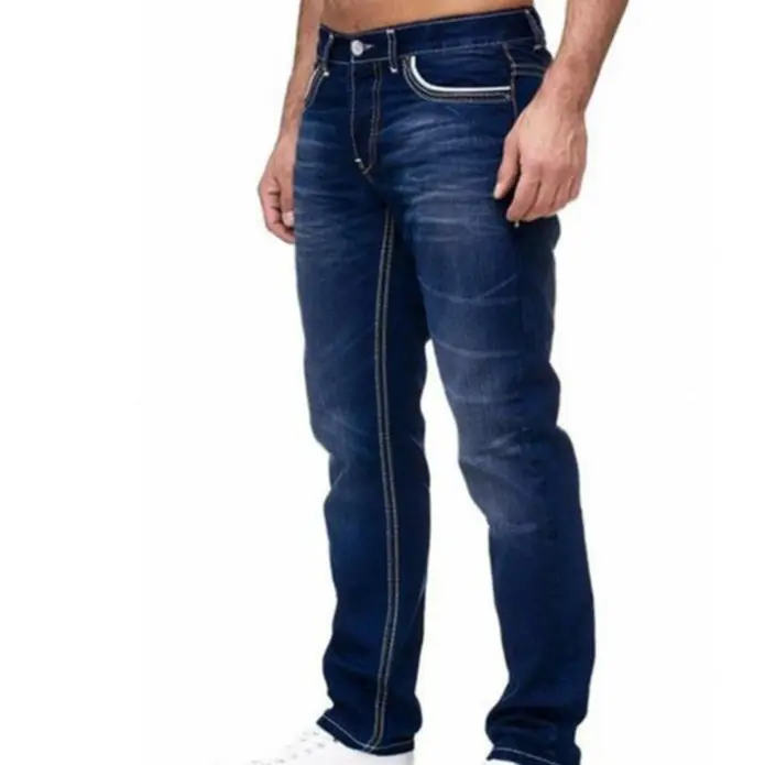 Denim Pant Men Jeans Long Pants Slim Fit High Waist Straight Trousers Streetwear Splice Button Pocket Blue Casual 2025 Punk