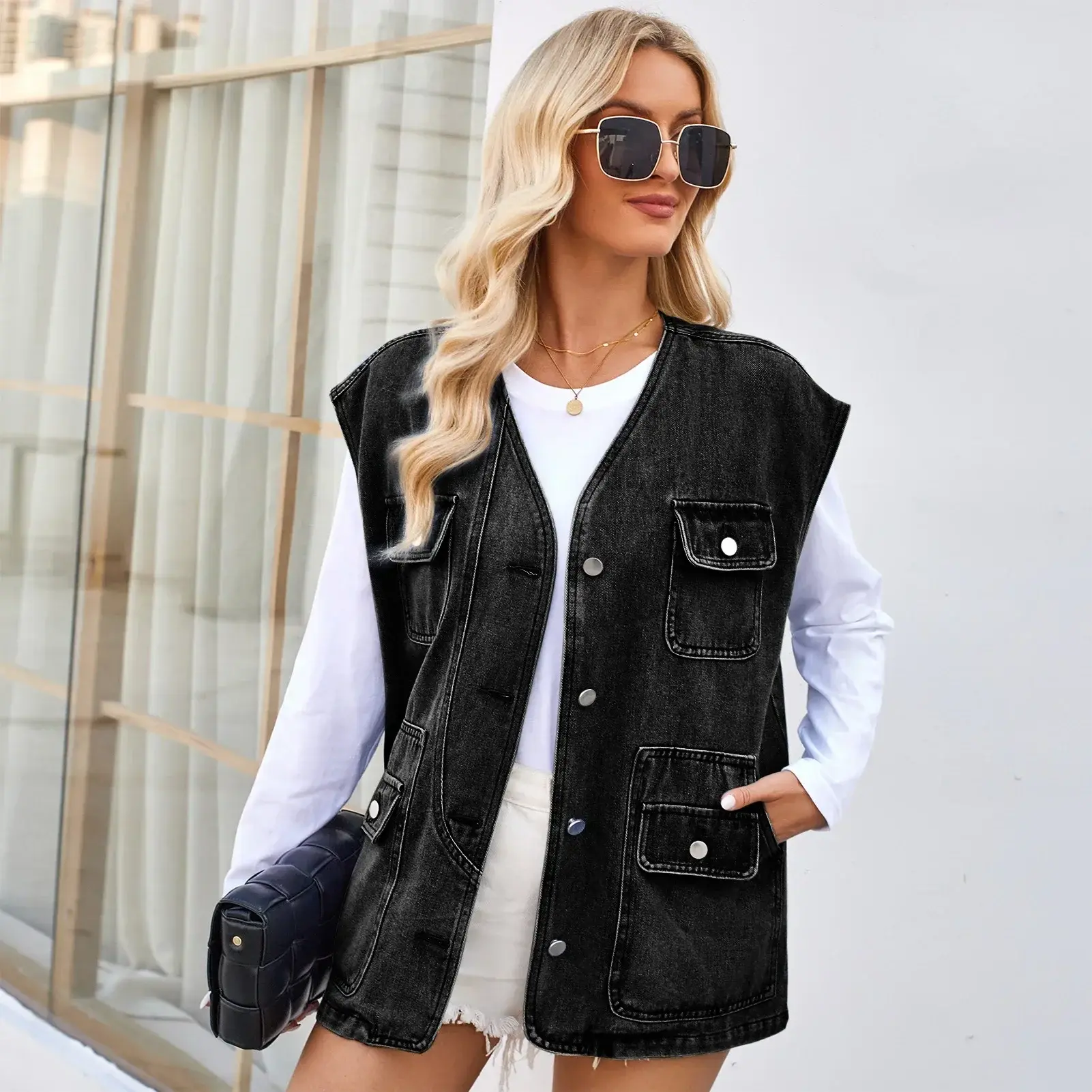 Vests Denim Coats Women V Neck Single Breasted Button Cardigan Jacket Washing Streetwear Pockets Loose Slight Strech Jackets