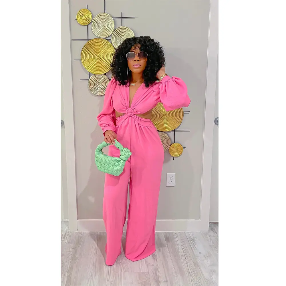 Jumpsuits Long Sleeve One Piece V Neck Women Rompers Backless Sexy Overalls Solid Wide Leg Pants Pockets Spliced Full Length