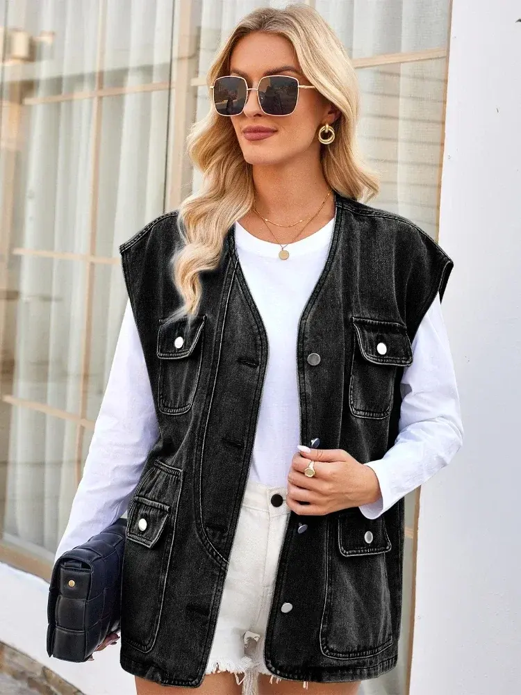 Vests Denim Coats Women V Neck Single Breasted Button Cardigan Jacket Washing Streetwear Pockets Loose Slight Strech Jackets