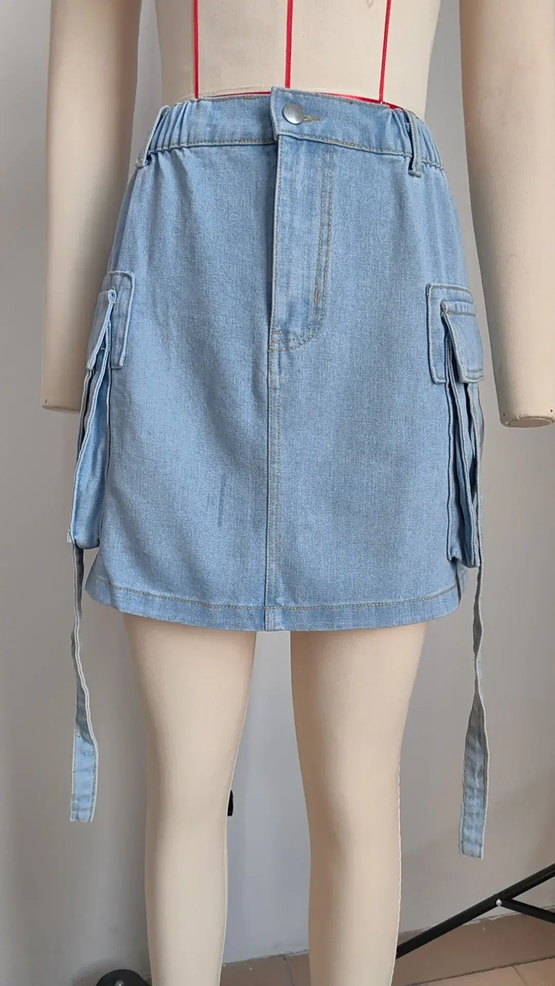 Denim Mini Skirts for Women A Line Washed Elastic Waist Multiple Pockets Button Club Short Skirt 2025 Y2k Mom Jeans Streetwear