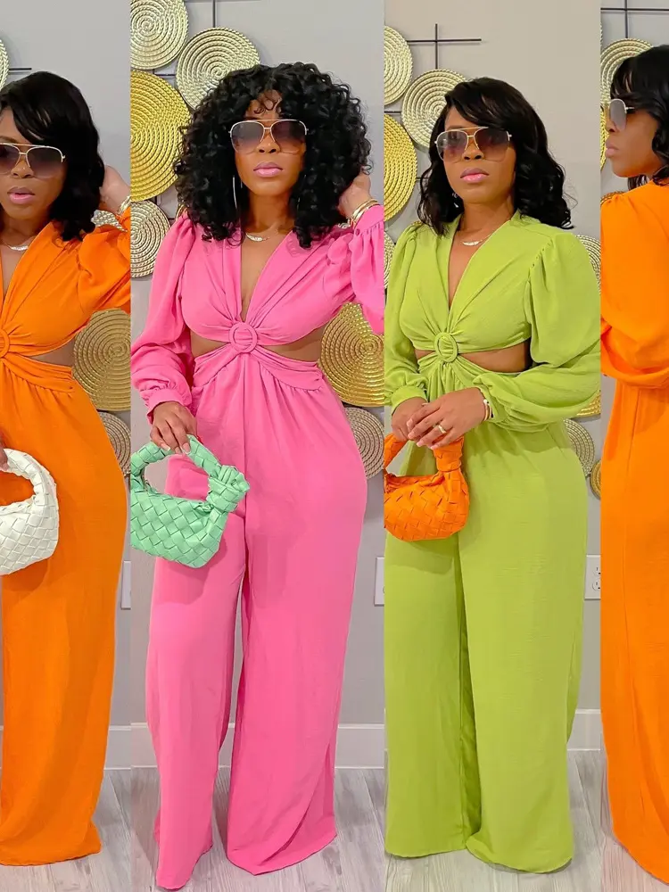 Jumpsuits Long Sleeve One Piece V Neck Women Rompers Backless Sexy Overalls Solid Wide Leg Pants Pockets Spliced Full Length