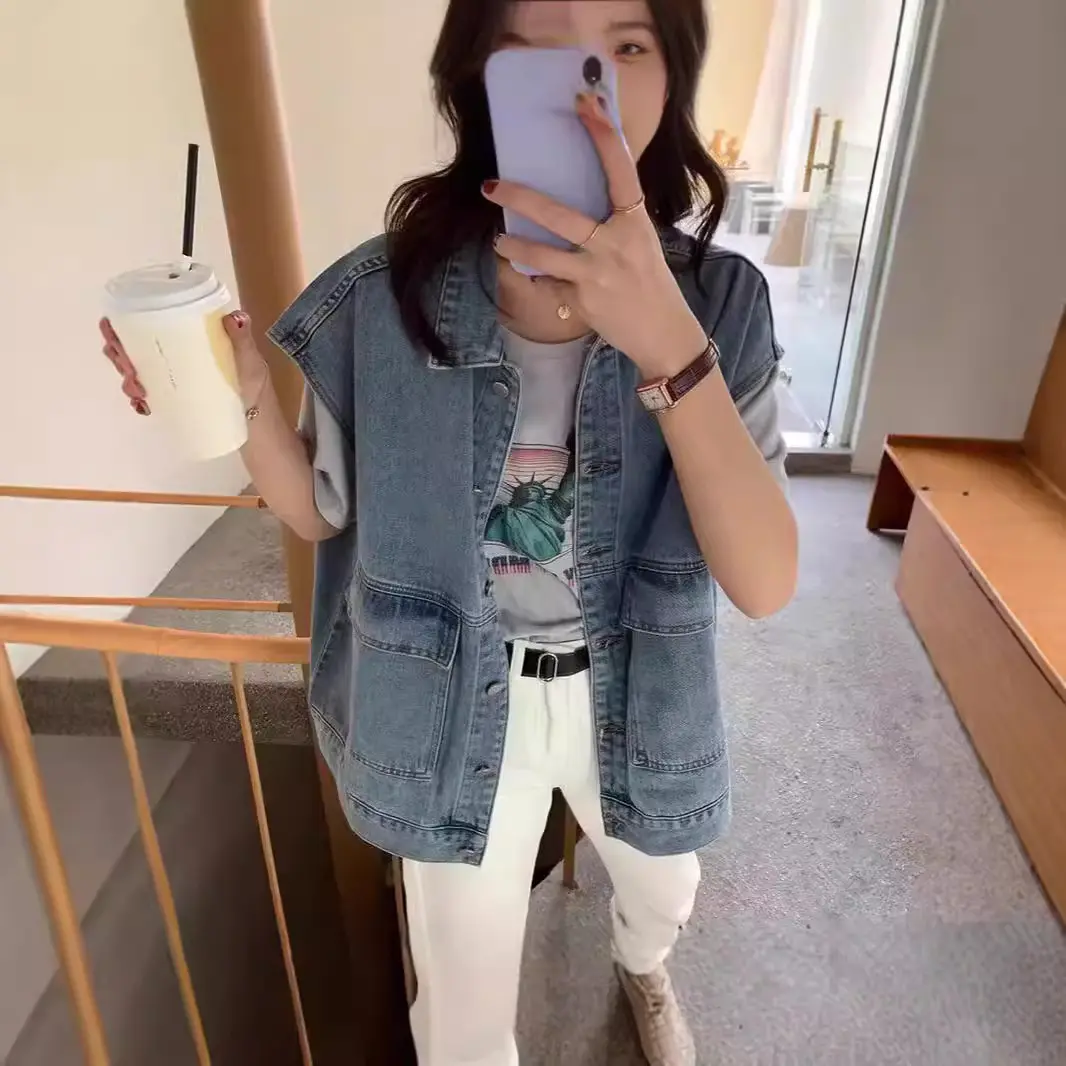Denim Vest Jacket Women Waistcoat Sleeveless Vintage Single Breasted Turn Down Collar Coats Washed Distressed Summer Coat 2025