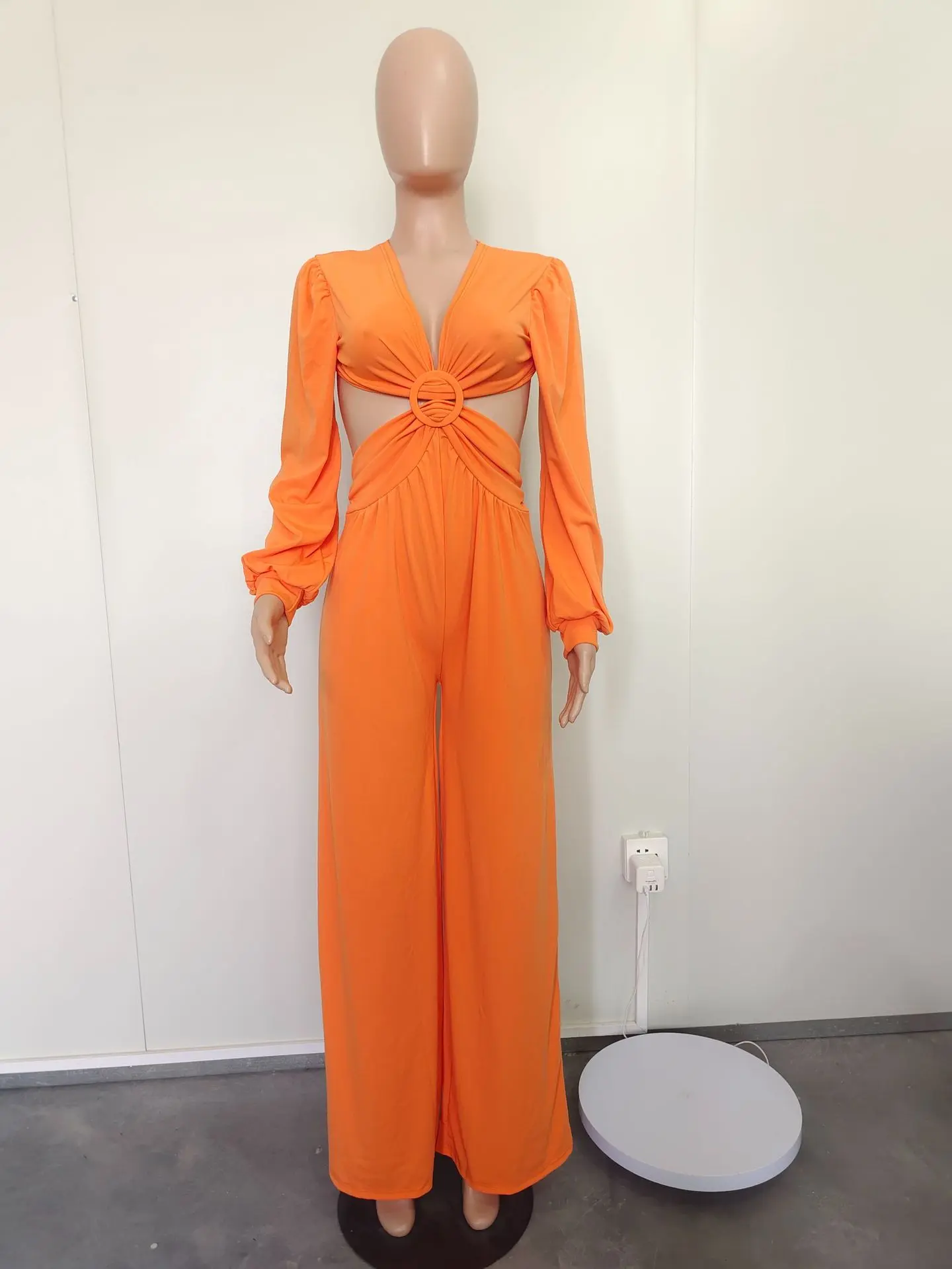 Jumpsuits Long Sleeve One Piece V Neck Women Rompers Backless Sexy Overalls Solid Wide Leg Pants Pockets Spliced Full Length