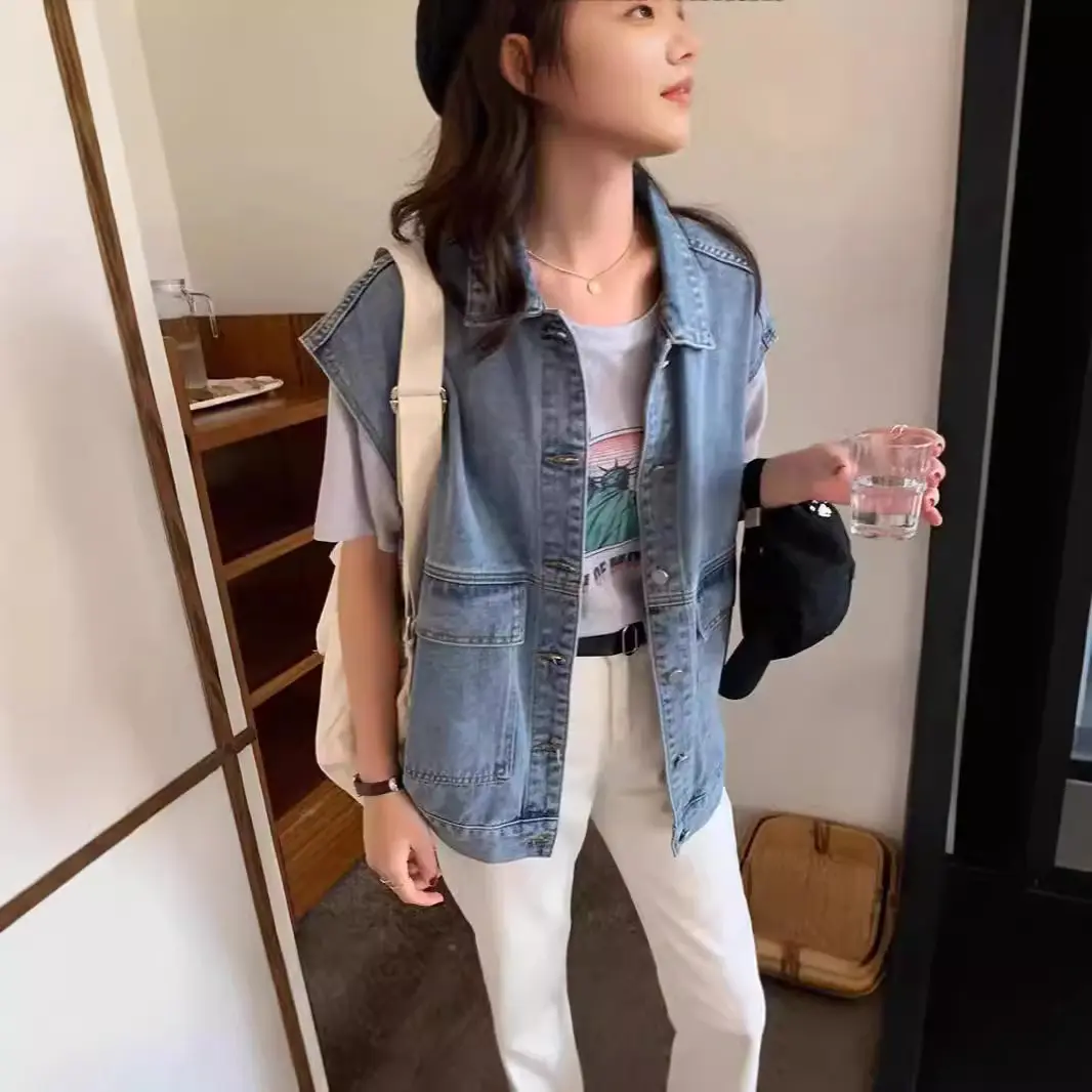 Denim Vest Jacket Women Waistcoat Sleeveless Vintage Single Breasted Turn Down Collar Coats Washed Distressed Summer Coat 2025