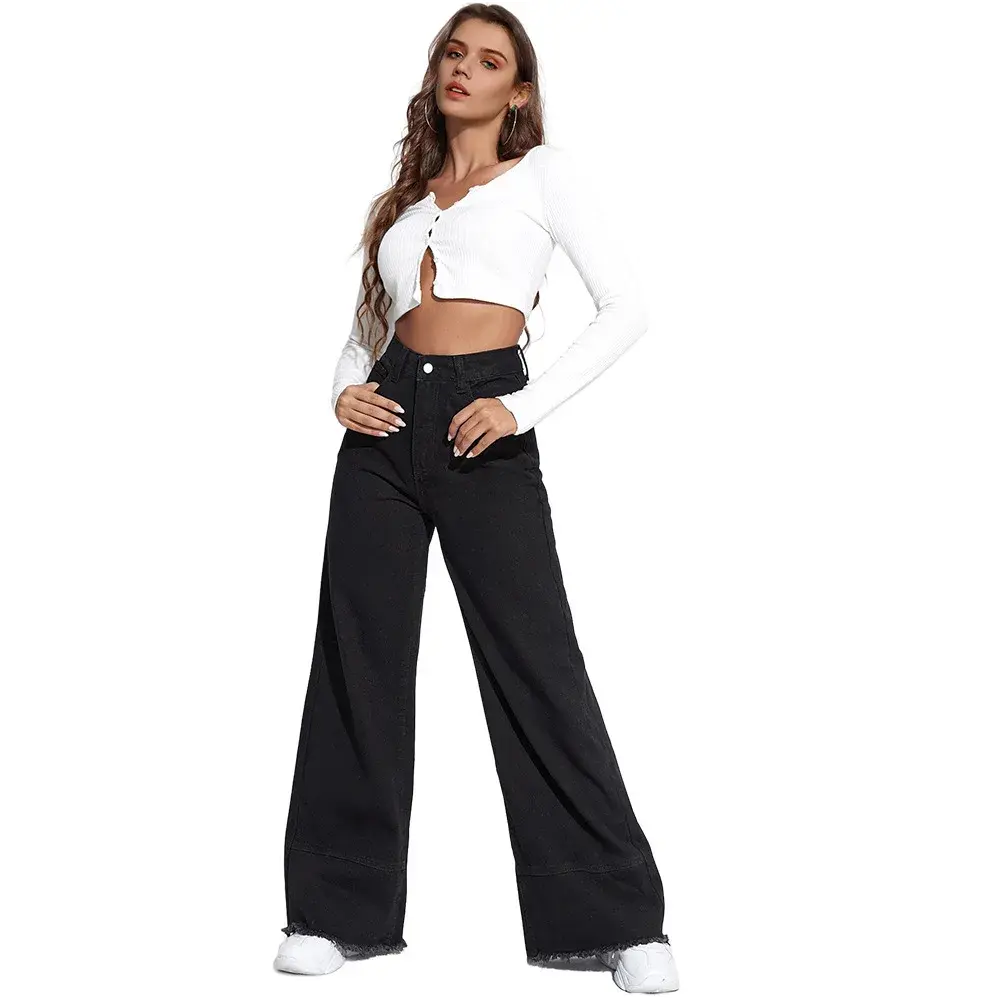 Denim Wide Leg Pants Women Mom Jeans Y2k Streetwear High Waist Distressed Washed Vintage Straight Trousers 2025 Floor Length
