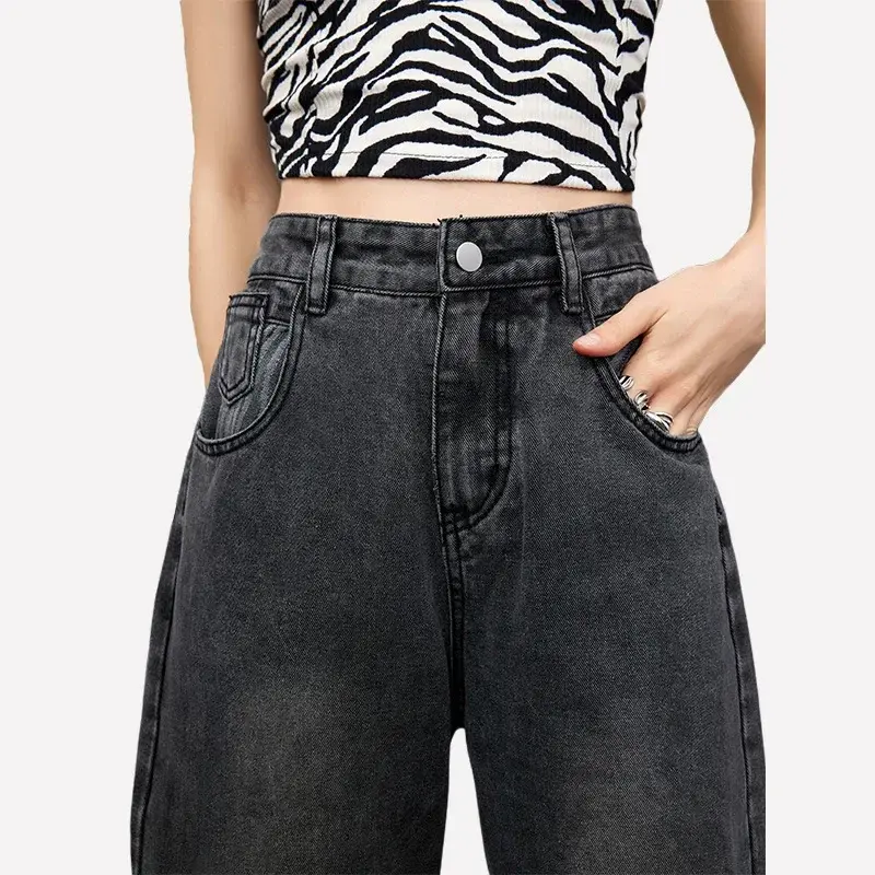 Denim Straight Pants Women Mom Jeans Washed Vintage High Waist Pockets Y2k Vintage Ankle Length Trousers 2025 Streetwear Punk