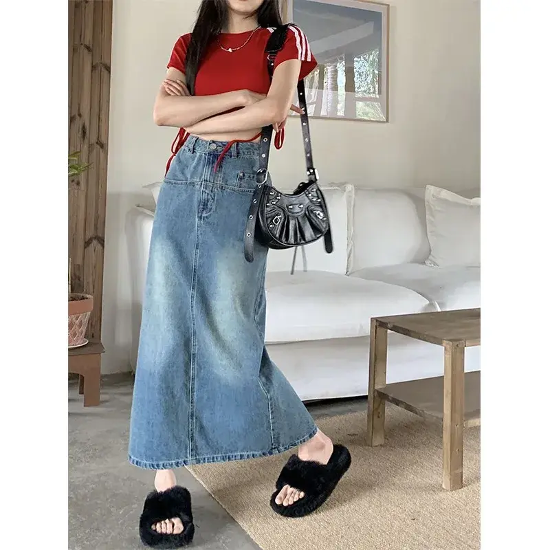 Denim Skirt Women Streetwear Long Skirts Stretch High Waist Slim Fit Y2k Button Washed Distressed Female 2025 Vintage A Line