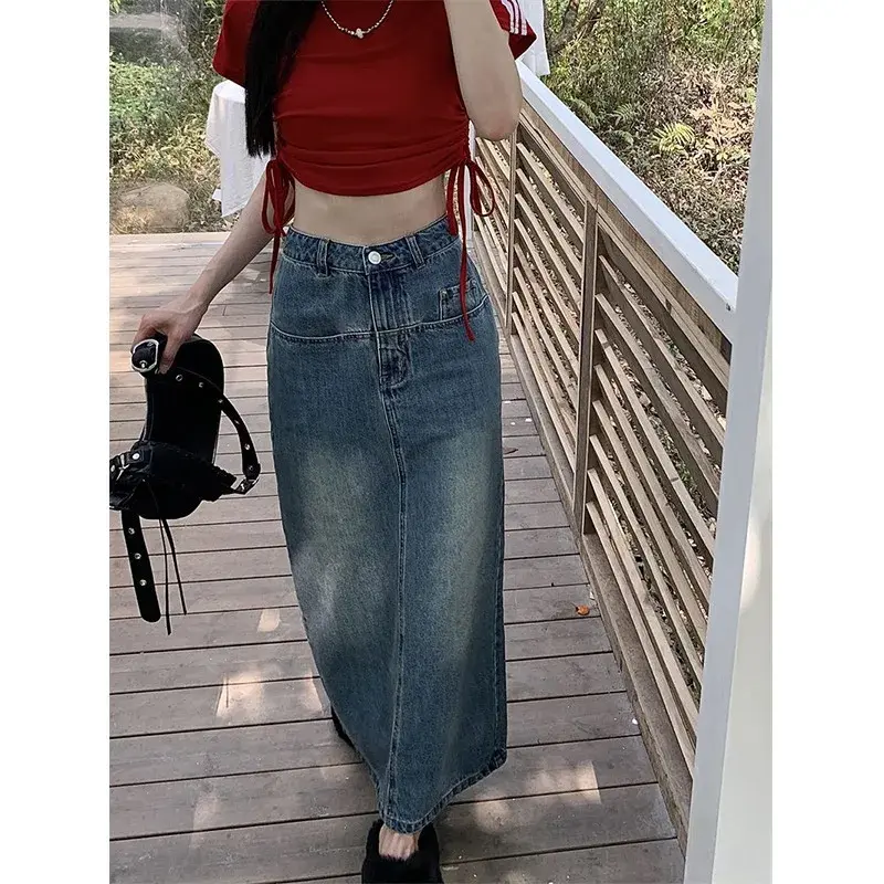 Denim Skirt Women Streetwear Long Skirts Stretch High Waist Slim Fit Y2k Button Washed Distressed Female 2025 Vintage A Line