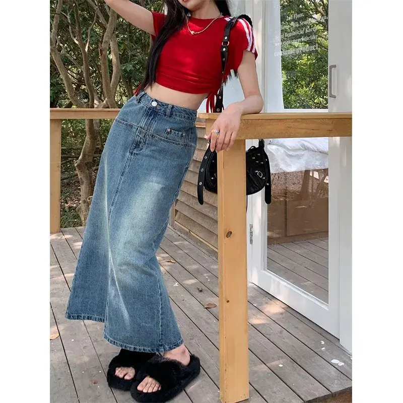 Denim Skirt Women Streetwear Long Skirts Stretch High Waist Slim Fit Y2k Button Washed Distressed Female 2025 Vintage A Line