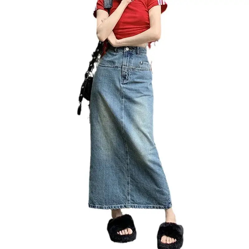 Denim Skirt Women Streetwear Long Skirts Stretch High Waist Slim Fit Y2k Button Washed Distressed Female 2025 Vintage A Line