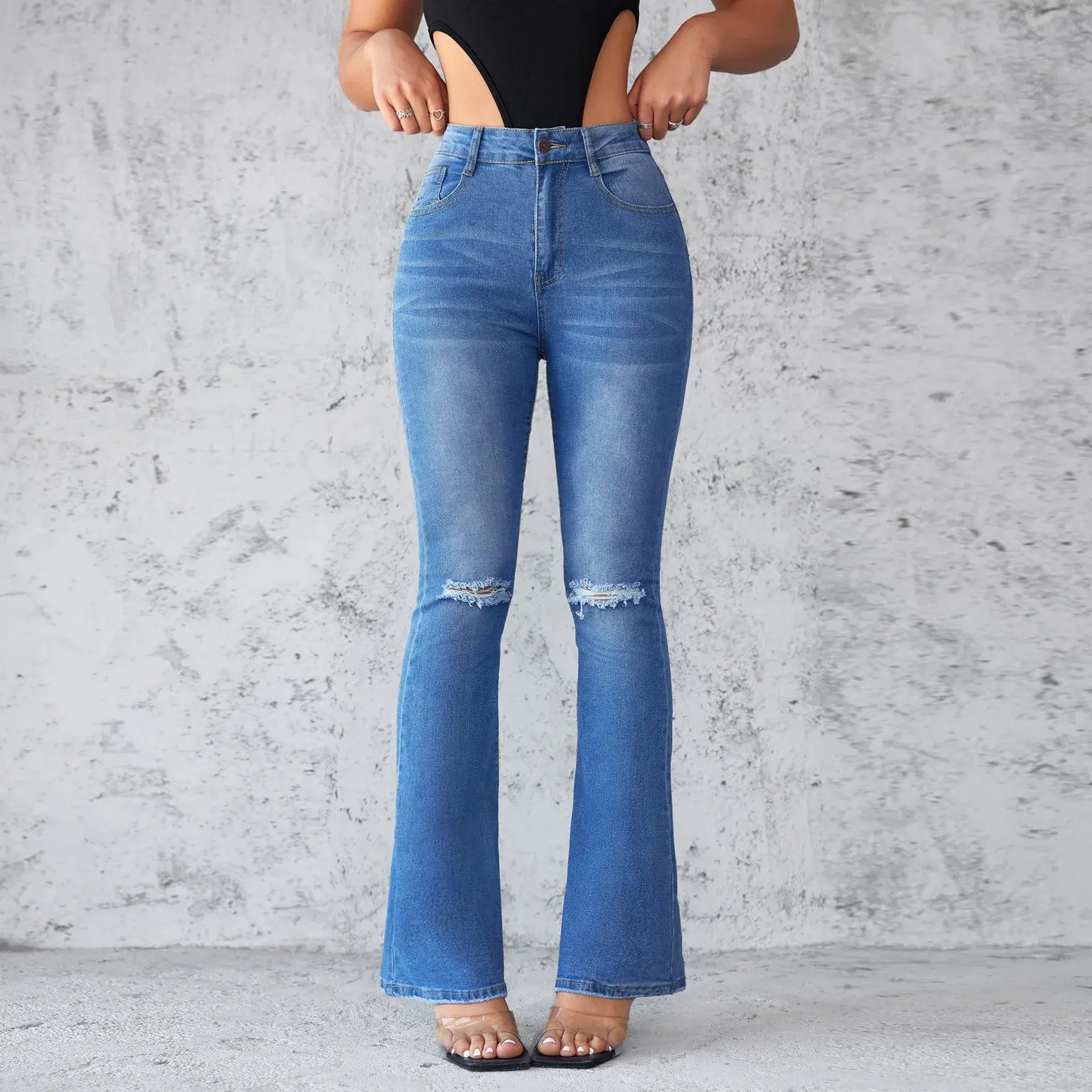 Distressed Hole Vintage Mom Jeans Ankle Length Ripped Denim Flare Pants High Waist Jeans Bodycon Basics Y2k Streetwear Pockets