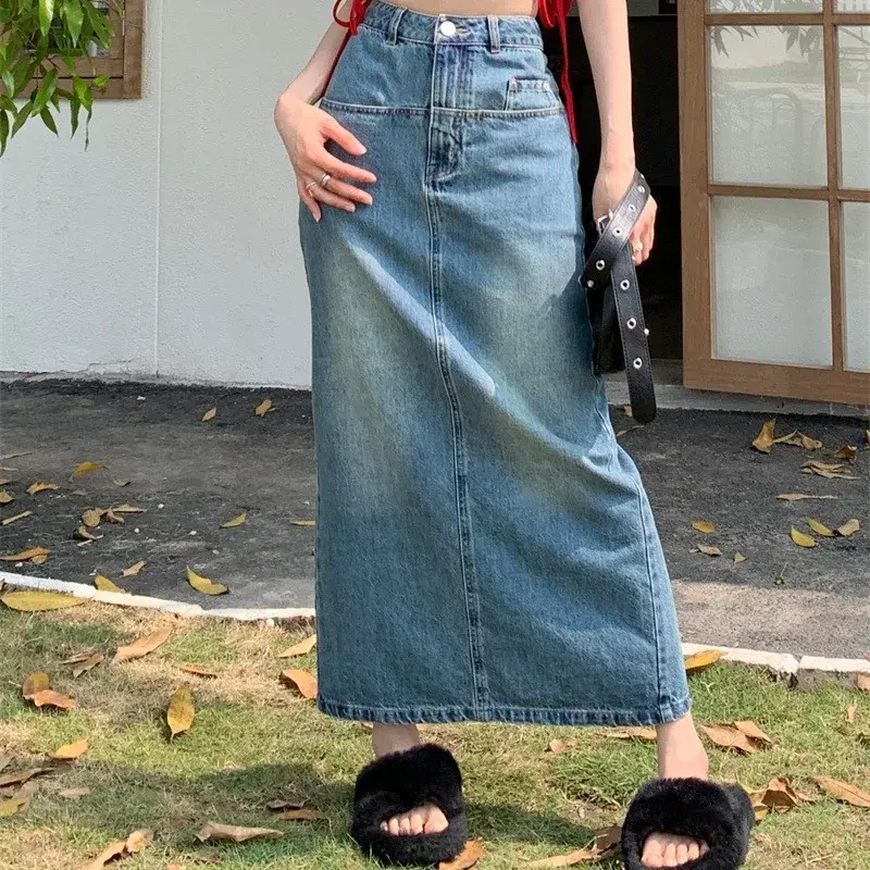 Denim Skirt Women Streetwear Long Skirts Stretch High Waist Slim Fit Y2k Button Washed Distressed Female 2025 Vintage A Line