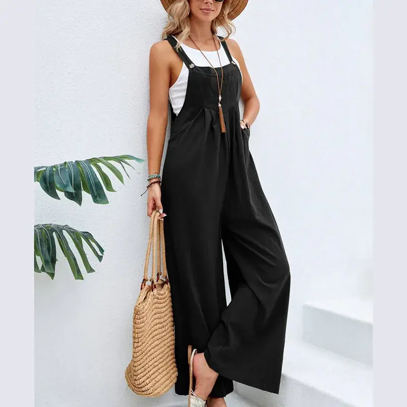 Jumpsuits Women Square Collar Overalls Rompers One Piece Wide Leg Pants Ankle Length High Waist Casual Pockets Y2k Streetwear