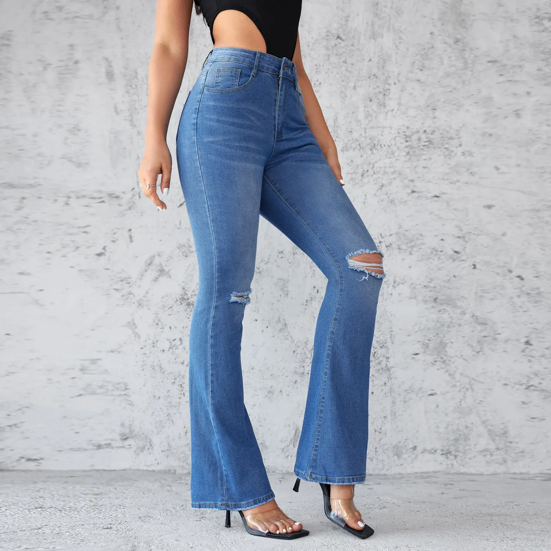 Distressed Hole Vintage Mom Jeans Ankle Length Ripped Denim Flare Pants High Waist Jeans Bodycon Basics Y2k Streetwear Pockets
