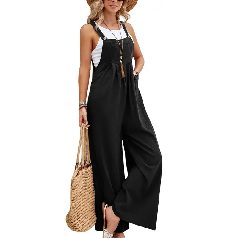 Jumpsuits Women Square Collar Overalls Rompers One Piece Wide Leg Pants Ankle Length High Waist Casual Pockets Y2k Streetwear