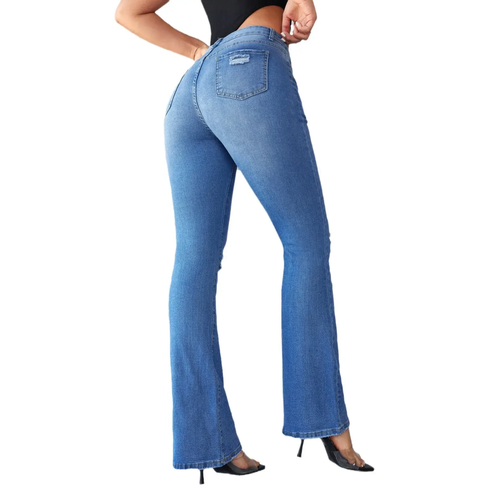 Distressed Hole Vintage Mom Jeans Ankle Length Ripped Denim Flare Pants High Waist Jeans Bodycon Basics Y2k Streetwear Pockets