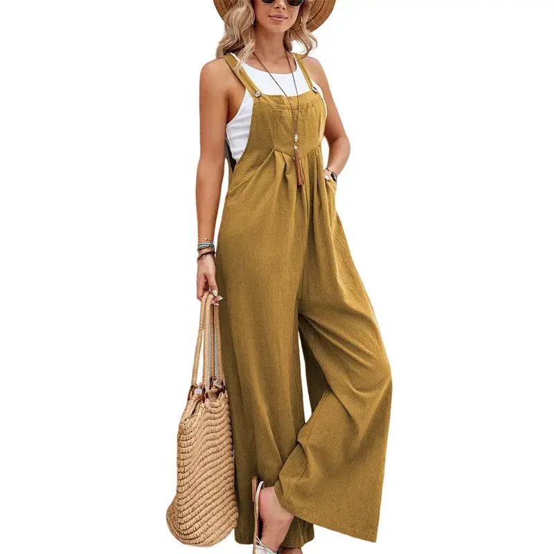 Jumpsuits Women Square Collar Overalls Rompers One Piece Wide Leg Pants Ankle Length High Waist Casual Pockets Y2k Streetwear