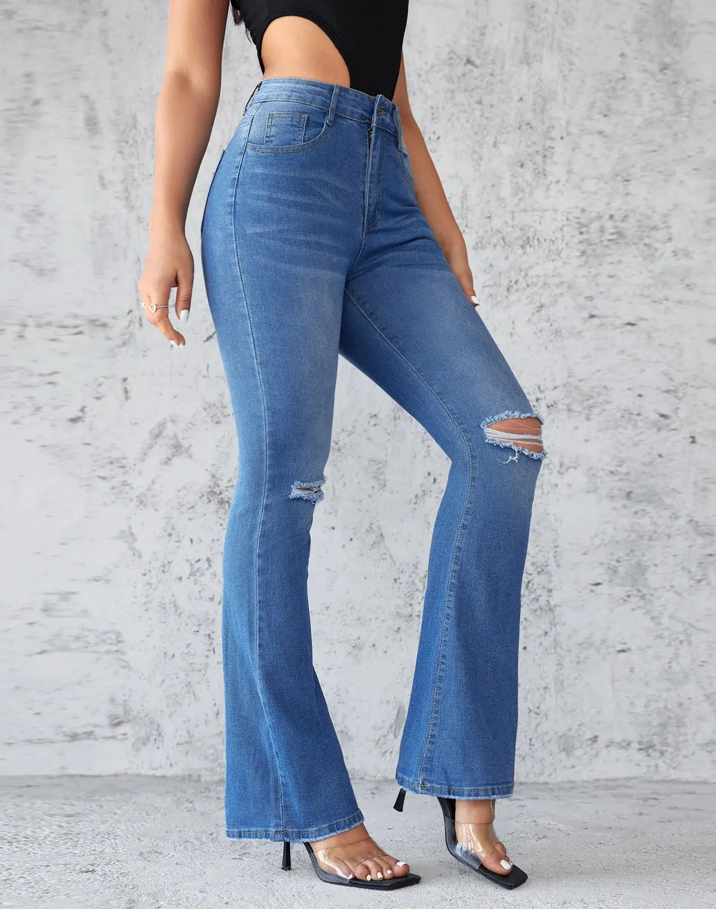 Distressed Hole Vintage Mom Jeans Ankle Length Ripped Denim Flare Pants High Waist Jeans Bodycon Basics Y2k Streetwear Pockets