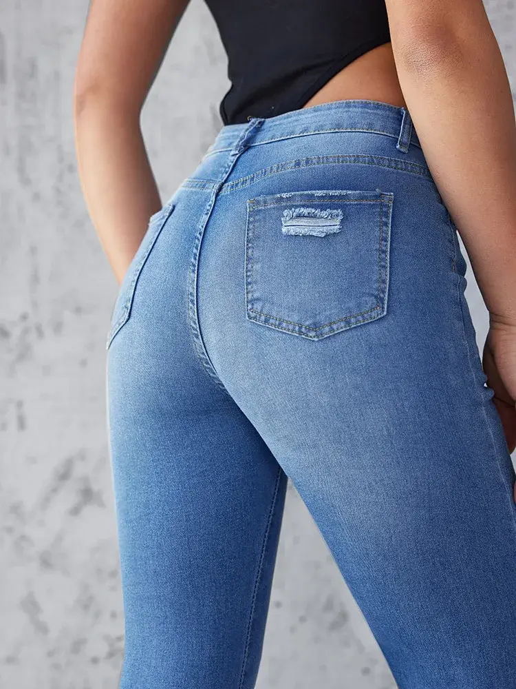 Distressed Hole Vintage Mom Jeans Ankle Length Ripped Denim Flare Pants High Waist Jeans Bodycon Basics Y2k Streetwear Pockets