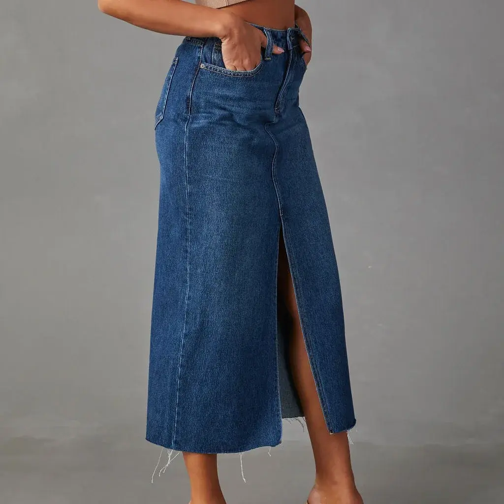 Women Skirts Sexy Solid Washing Denim High Waist Dress Wrap Buttocks Basics Spliced Ankle Length Slim Fit Pockets Zipper Fly