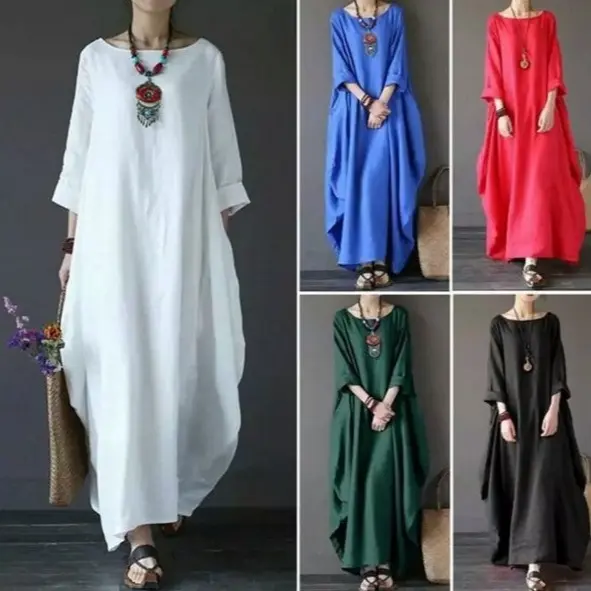Maxi Dresses Women O Neck Three Quarter Sleeve Dress Spring Loose White Slight Strech Pullover Ankle Length Vestidos Casual