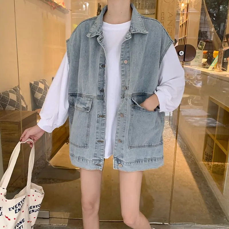 Denim Coats Women Mom Jeans Casual Streetwear Jacket Turn Down Collar Y2k Streetwear Vest Single Breasted 2025 Spring Jackets