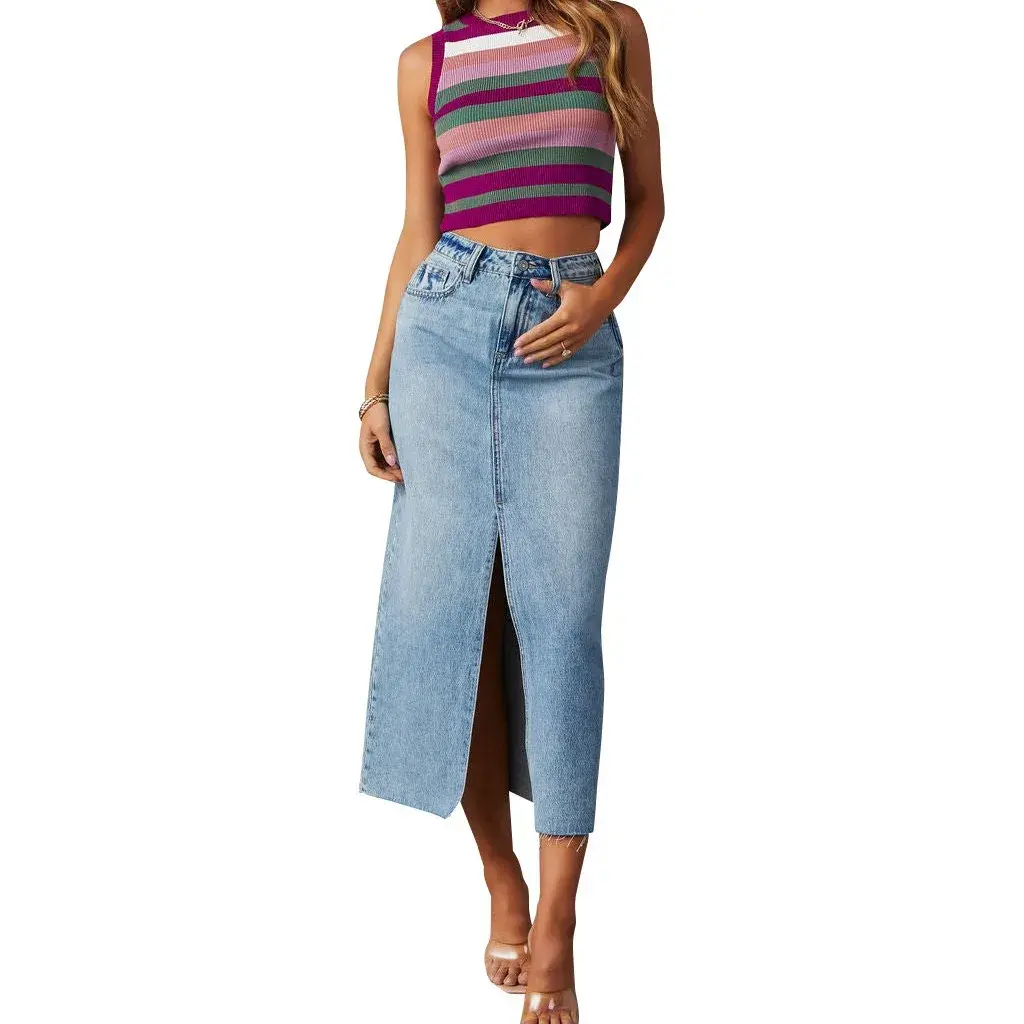 Women Skirts Sexy Solid Washing Denim High Waist Dress Wrap Buttocks Basics Spliced Ankle Length Slim Fit Pockets Zipper Fly