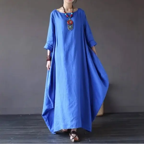 Maxi Dresses Women O Neck Three Quarter Sleeve Dress Spring Loose White Slight Strech Pullover Ankle Length Vestidos Casual