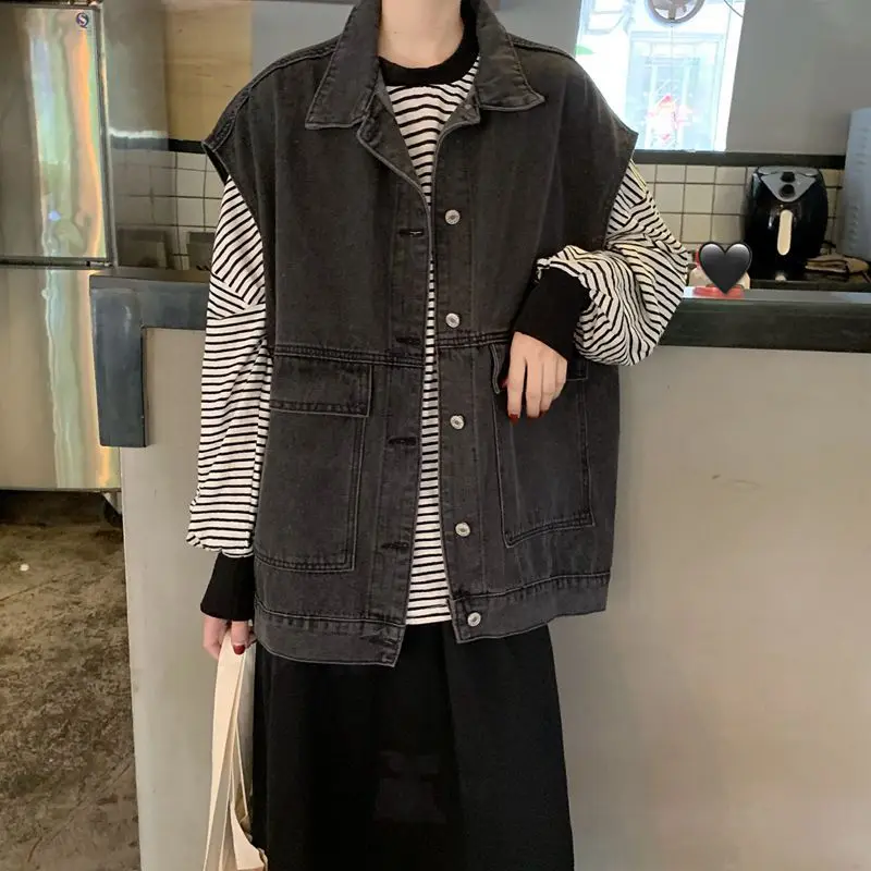 Denim Coats Women Mom Jeans Casual Streetwear Jacket Turn Down Collar Y2k Streetwear Vest Single Breasted 2025 Spring Jackets
