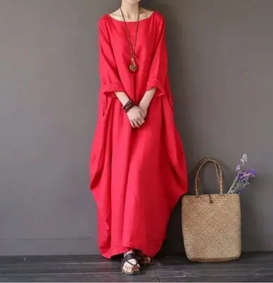 Maxi Dresses Women O Neck Three Quarter Sleeve Dress Spring Loose White Slight Strech Pullover Ankle Length Vestidos Casual