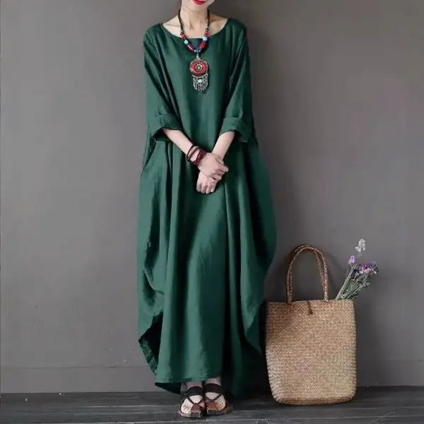 Maxi Dresses Women O Neck Three Quarter Sleeve Dress Spring Loose White Slight Strech Pullover Ankle Length Vestidos Casual