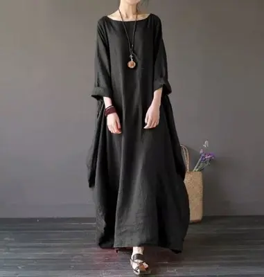Maxi Dresses Women O Neck Three Quarter Sleeve Dress Spring Loose White Slight Strech Pullover Ankle Length Vestidos Casual