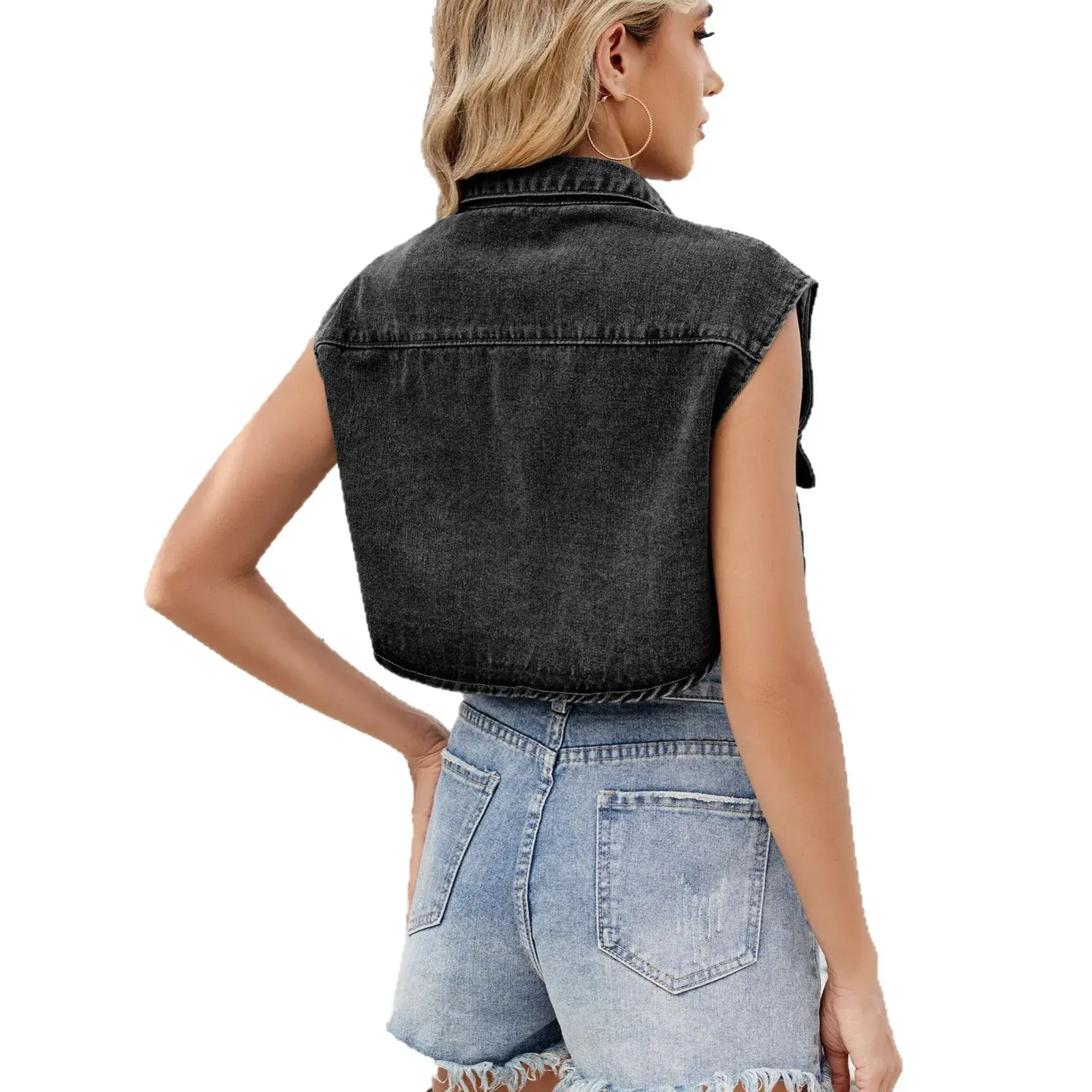 Denim Vest Coat Women Streetwear Washed Turn Down Collar Coats Single Breasted Pockets 2025 Y2k Short Tops Sleeveless Jacket