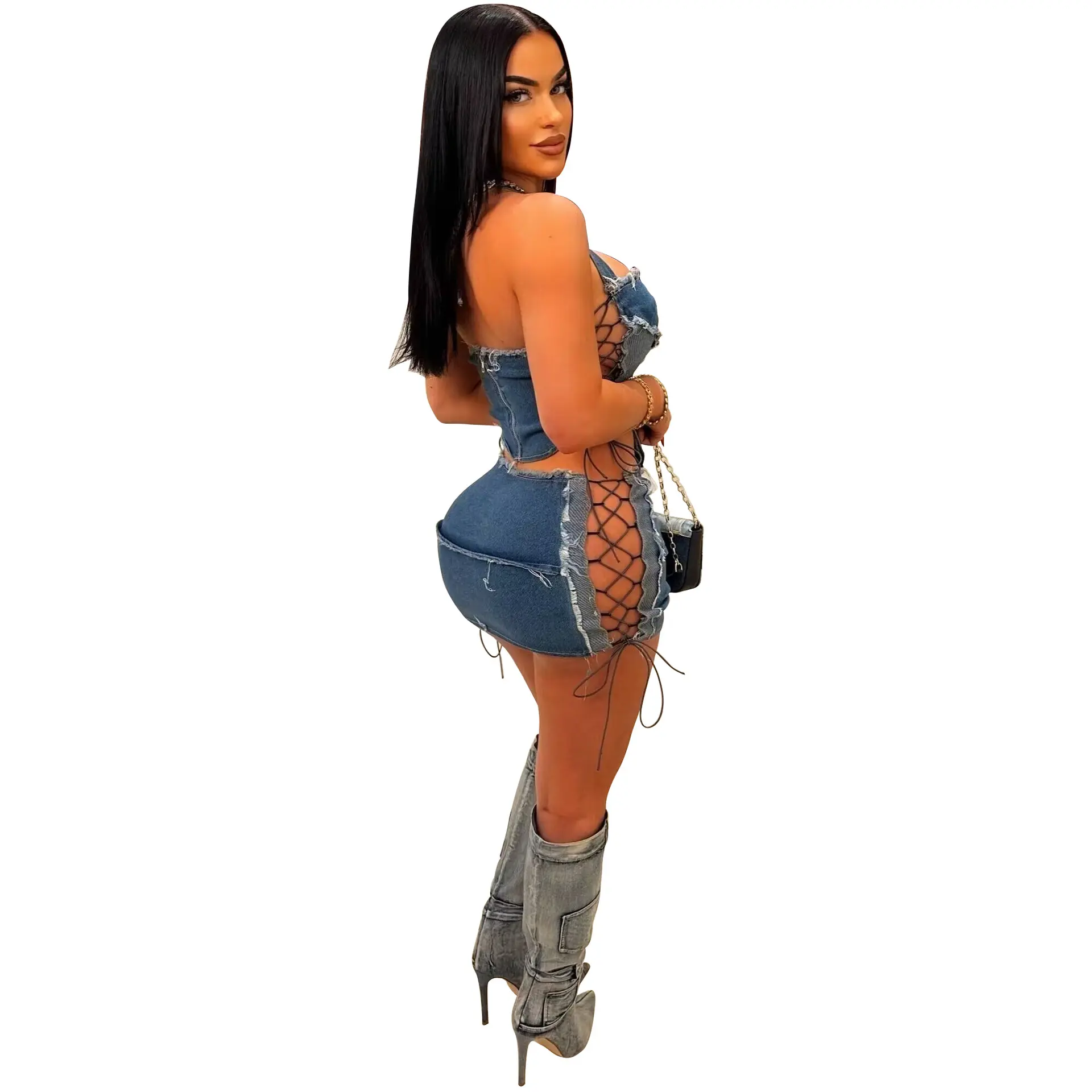 Two Piece Sets Women Denim Skirt Set Strapless Matching Sets Halter Short Tops Shorts Skirts Dress Sets A Line High Waist Summer