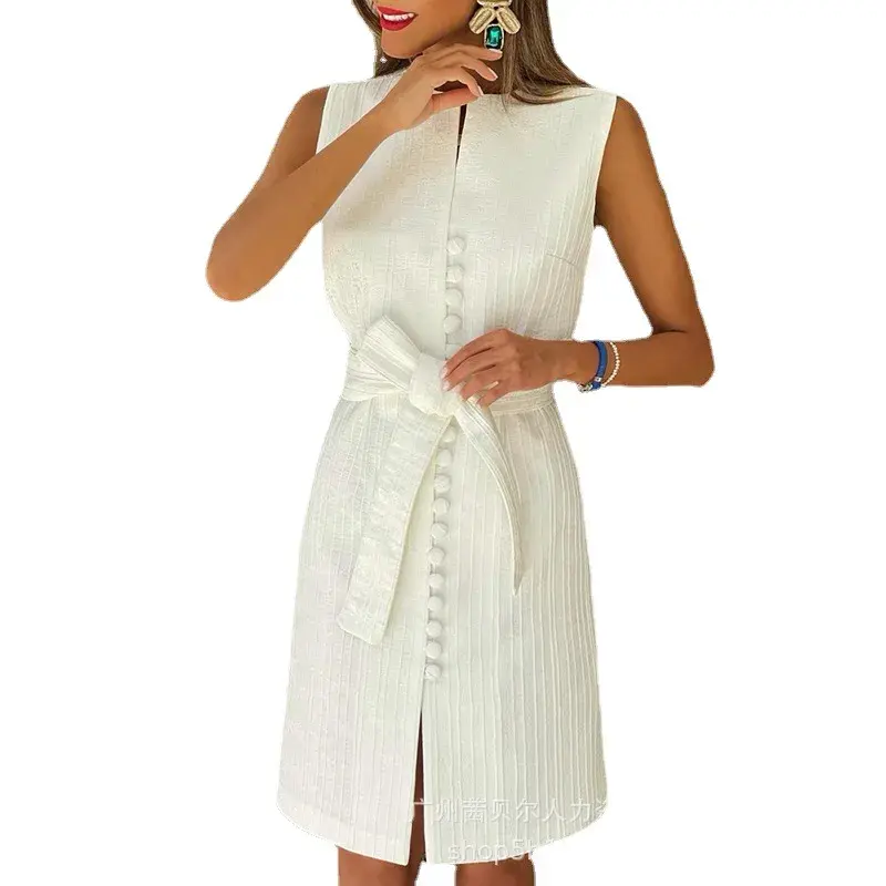 Women Party Dress Summer Sleeveless Mini Slim High Waist Dresses Elegant Office Lady Belt Elegant White Vestidos Casual Work