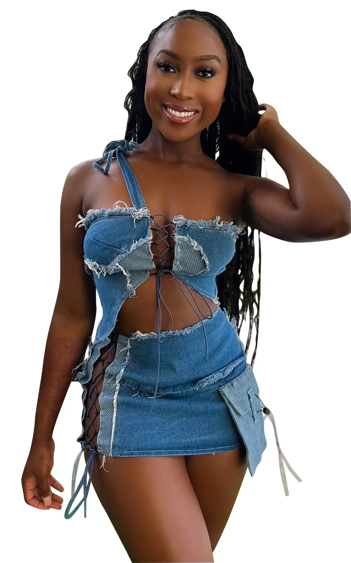 Two Piece Sets Women Denim Skirt Set Strapless Matching Sets Halter Short Tops Shorts Skirts Dress Sets A Line High Waist Summer