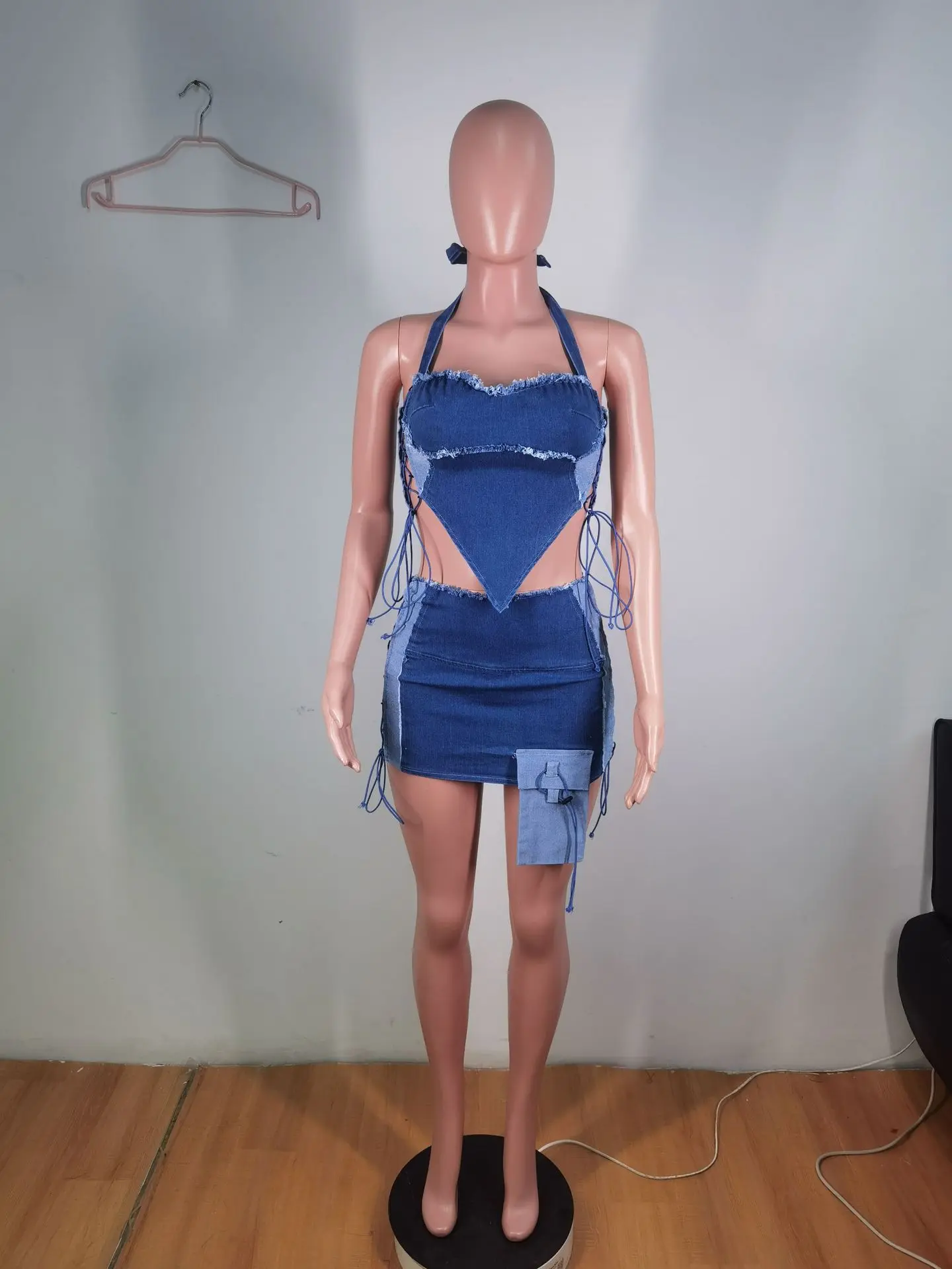 Two Piece Sets Women Denim Skirt Set Strapless Matching Sets Halter Short Tops Shorts Skirts Dress Sets A Line High Waist Summer