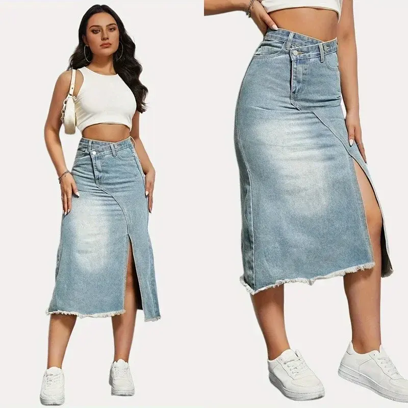 Denim Skirts Women Dress Wrap Buttocks High Street Sexy Skirt Patchwork Spliced Ankle Length Y2k Streetwear Pocket Slight Strech