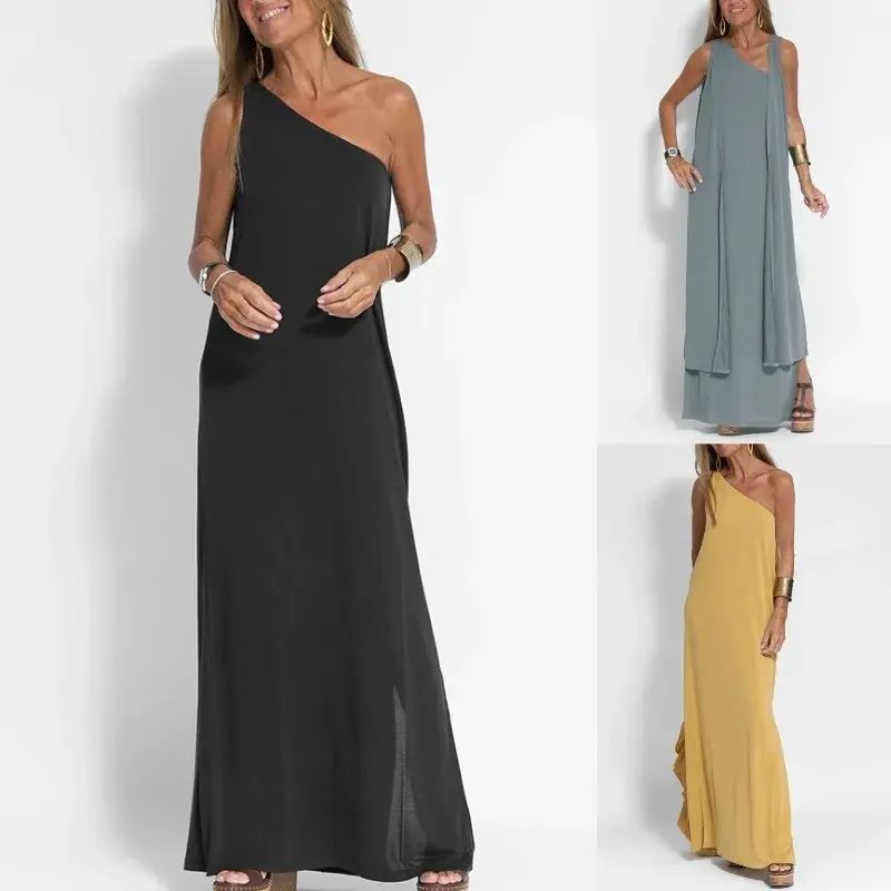 Dresses Summer Women Long Vest Dresses Hem Split Ladies Diagonally Collar Y2k Streetwear Maxi Party Beach Vestidos Loose Spring